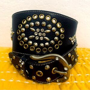 Kathy Van Zeeland Wide Black Studded Rhinestone Belt Western Biker